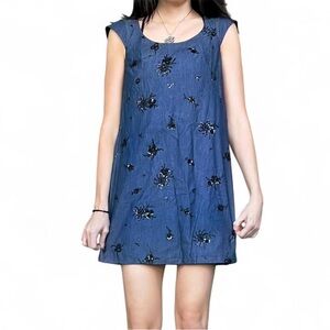 Zara Blue Denim Embellished Sleeveless Mini Dress